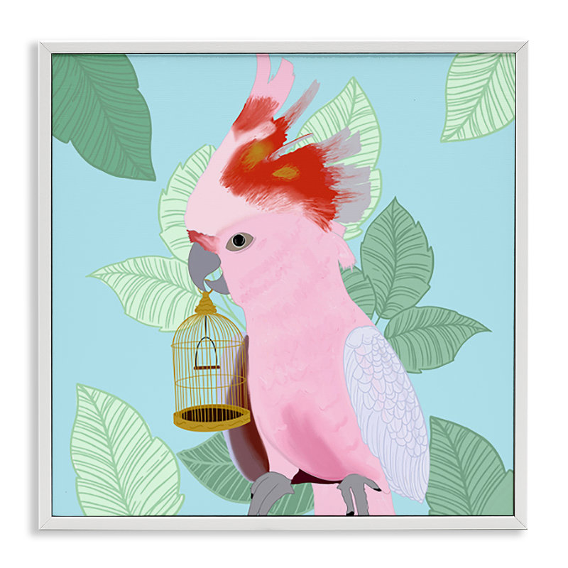 Cacatoès rose avec feuilles, estampe numérique encadrée par Ashley Singleton, Giclée encadrée blanc bord de mer