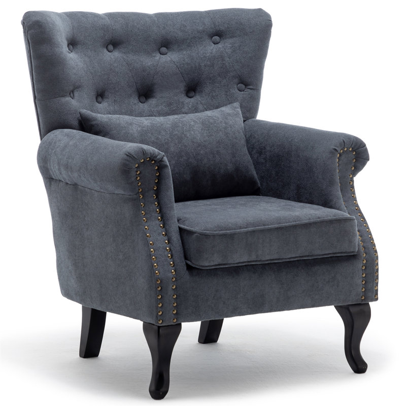 Tufted Wingback Chair, Gray Linen Blend