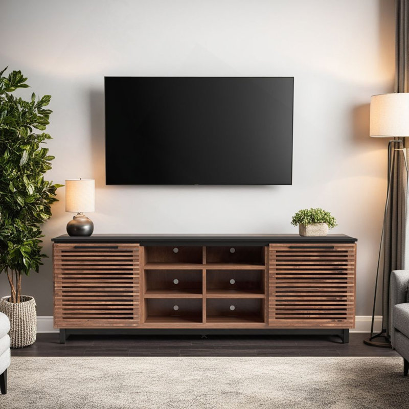 Meuble télé 85 po pour téléviseur de 95 po ou moins, sans assemblage requis, noir avec finition bourbon