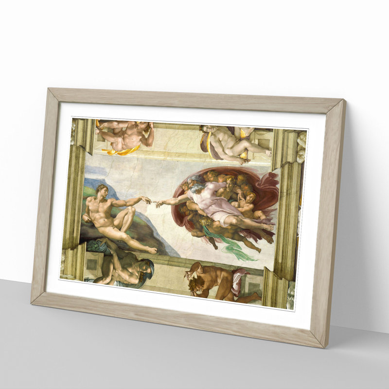 The Creation of Adam by Michelangelo - Picture Frame Painting on MDF, 36cm H x 48cm W x 2cm D, Oak Framed
