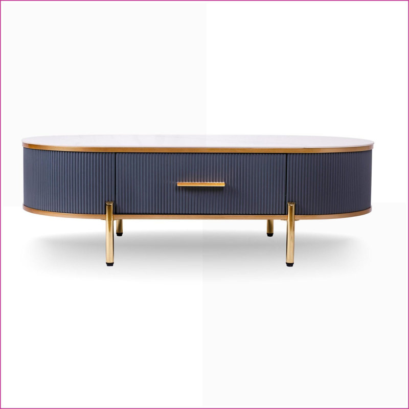 Table basse moderne en pierre frittée blanche / grise avec détails dorés