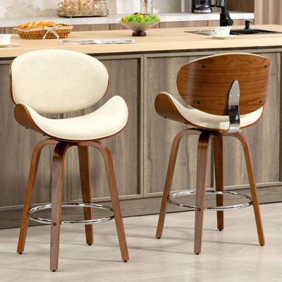 26" Swivel Counter Stool (Set Of 2), Mid-Century Modern Bar Stools With Faux Leather Upholstered And Electroplated Footrest