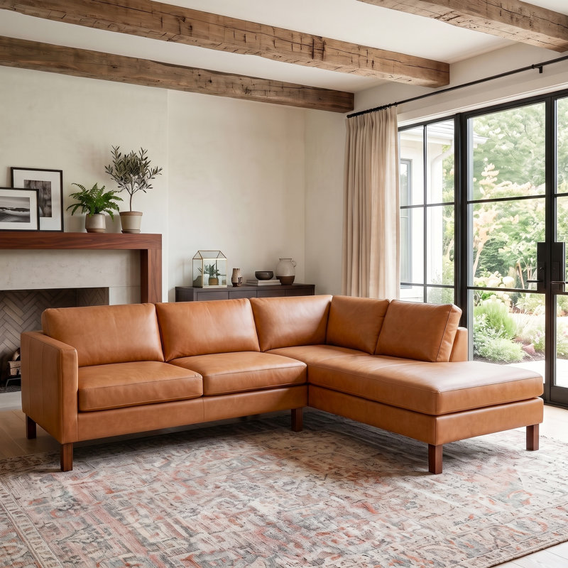 Canapé modulaire en L en cuir véritable Thibodeau, Cognac, Orienté à droite