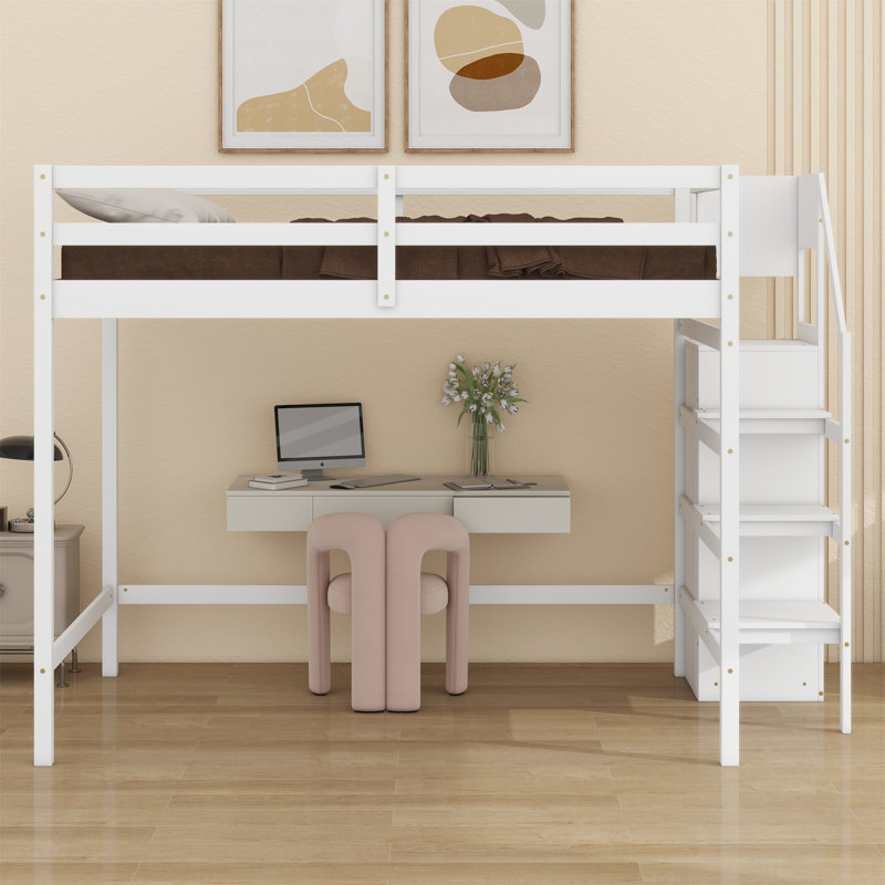 Loft Bed With Built-In Storage Wardrobe And Staircase, White