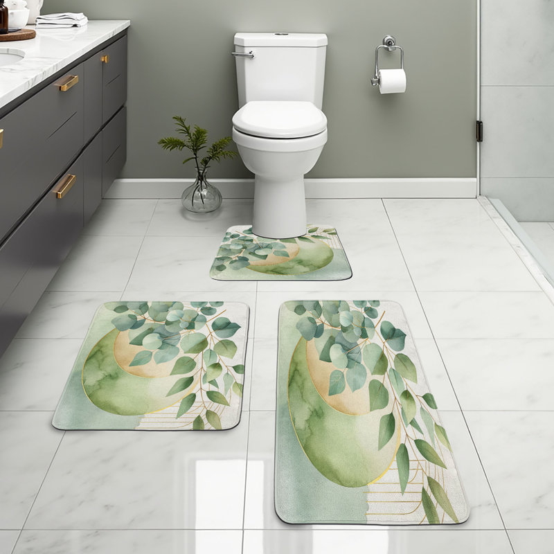  Sage Green Bathroom Rug Set 3 Pieces U-Shape & Rectangle Mats Cadet Blue Eggshell