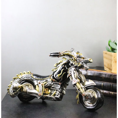 Dragon, moto, argent métallique et or, Hot Rod, vélo, sculpture, accents de flamme