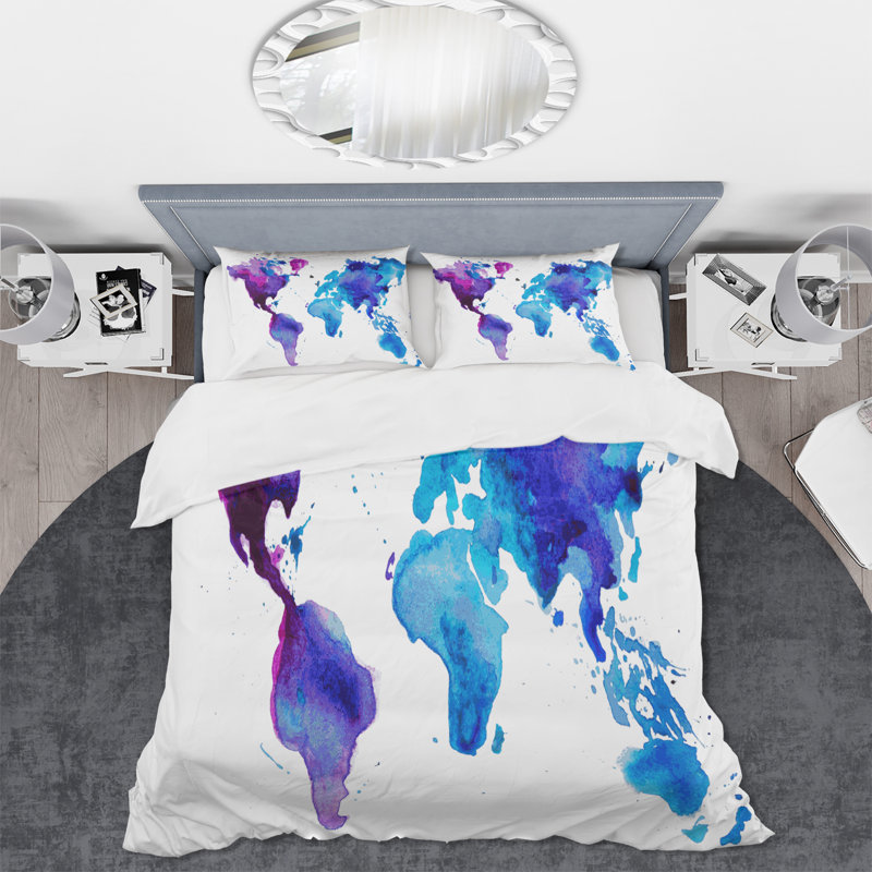 Carte du monde mauve et bleue - Ensemble de housse de couette moderne - Microfibre de polyester