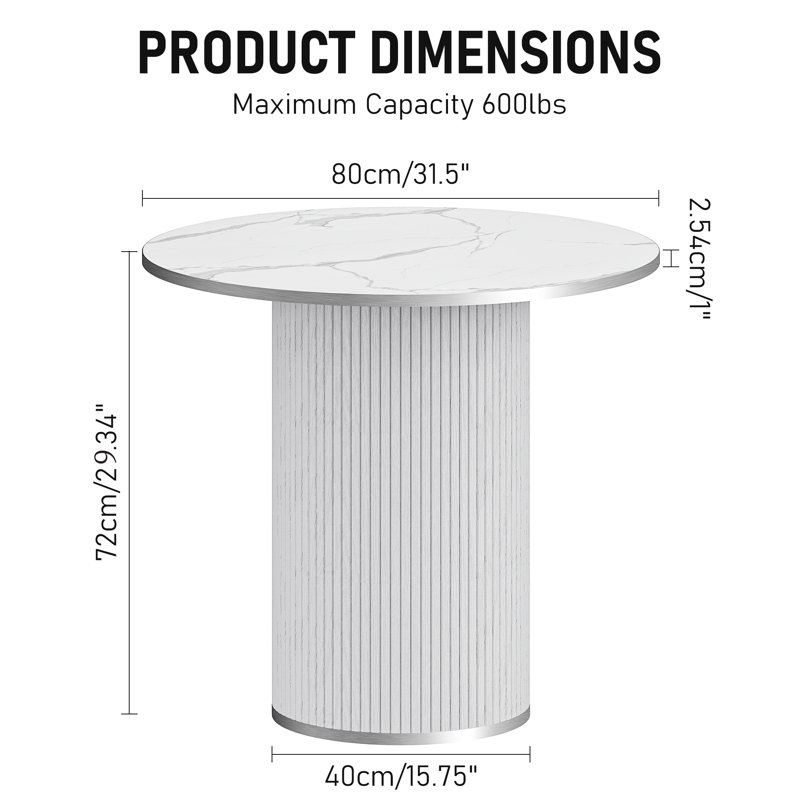 Modern 31.5" fluted round dining table with a silver outline, White