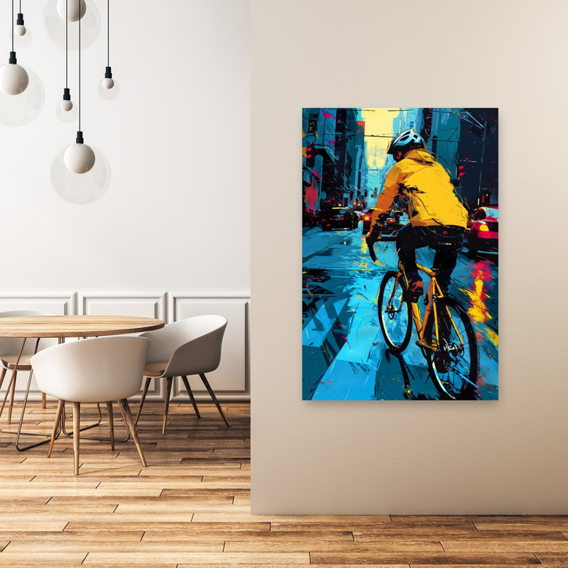 «Rainy City Cyclist Abstract Contemporary City», reproduction d'art mural, H 48 po x l 32 po