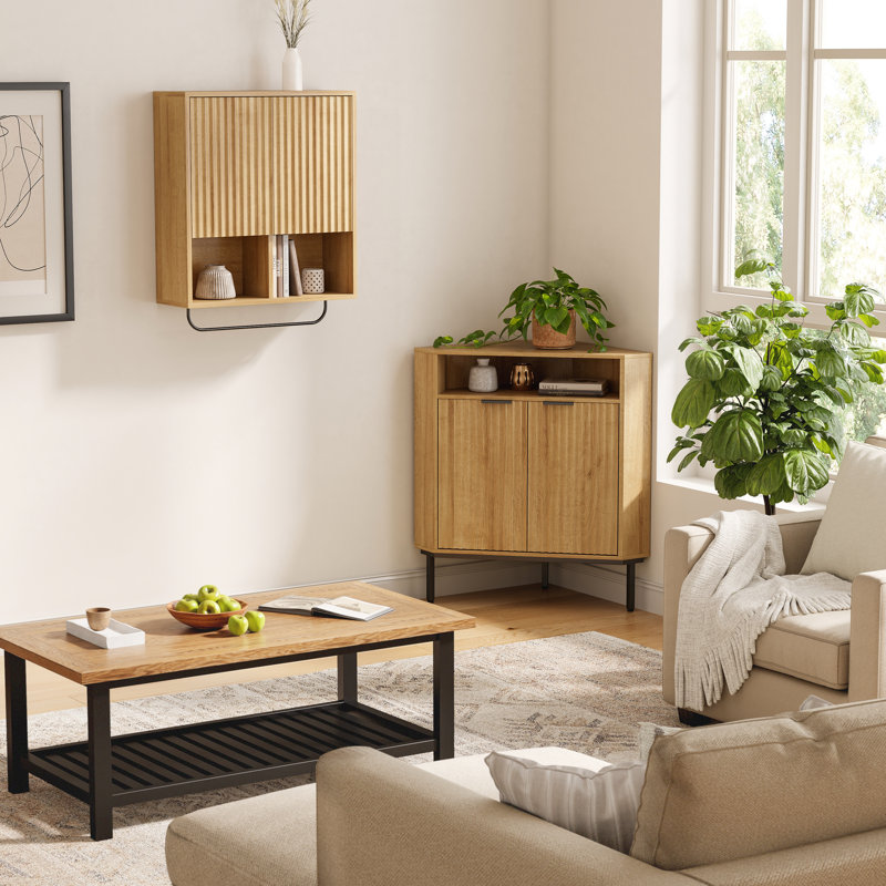 Modern 36" Fluted Corner Cabinet With Doors,Small Space Storage Solution With Adjustable Shelf & Metal Legs For Living Room, Bathroom
