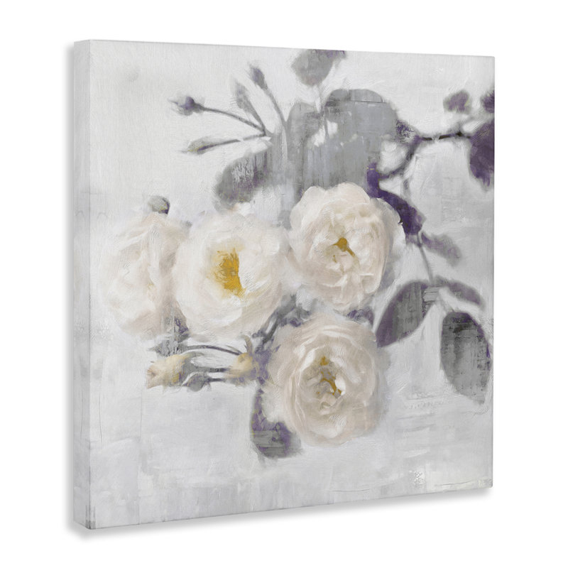 Fleurs blanches sur toile grise, design par Emily Ford, H 36 po x l 36 po