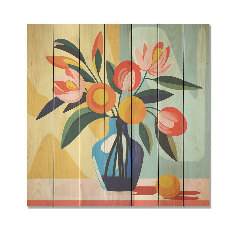 Henri Matisse Style Boho Flower Bouquet I - Boho Pottery On Wood Print, 30" H x 30" W