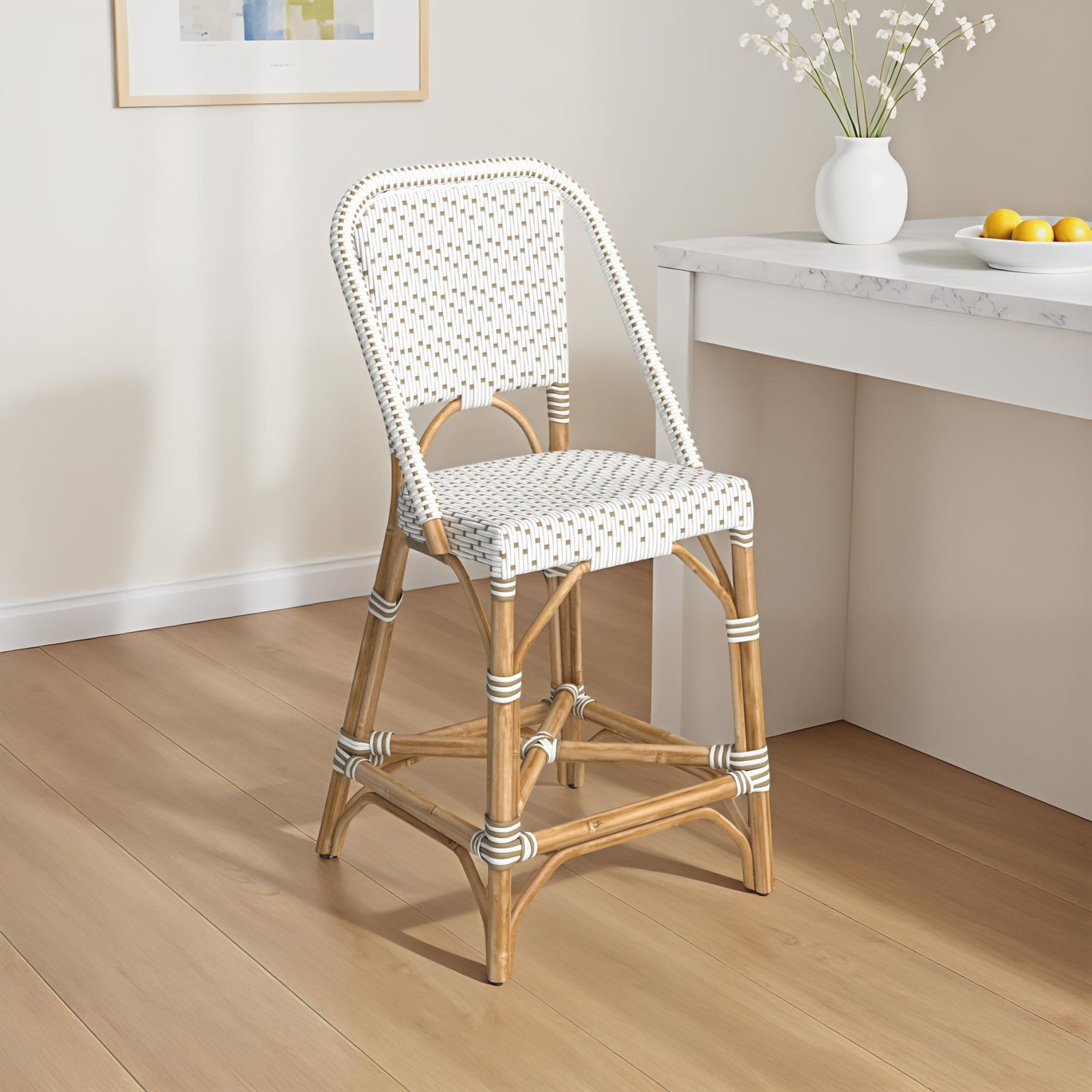 Ezekiel 25" Bar Stool, White/Tan