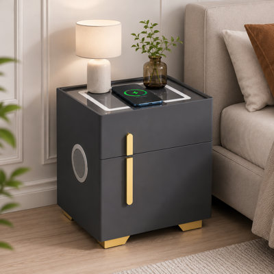 Fully Assembled Smart Nightstand with Safe, Wireless Charging, USB Port, Bluetooth Speaker & 3-Color LED Light, 1-Drawer Bedside Table