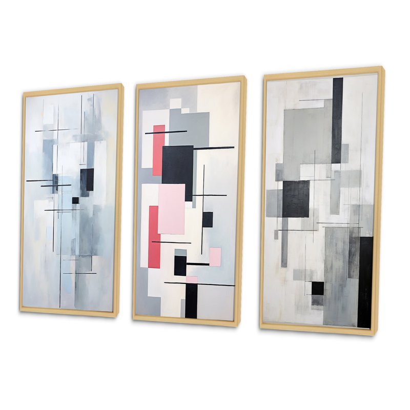 «Gray Suprematism Geometric Serenity», 3 pièces sur toile, Toile tendue, H 28 po x l 36 po