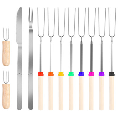 Ensemble de bâtonnets à rôtir en acier inoxydable 31,9 po télescopique télescopique Hot Dog fourchette de brochettes avec couteau fourchette à maïs pour barbecue