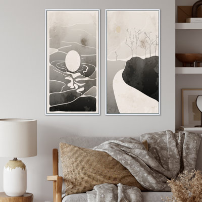 Monochromes japonais rétro, paysage I - ensemble de 2 peintures