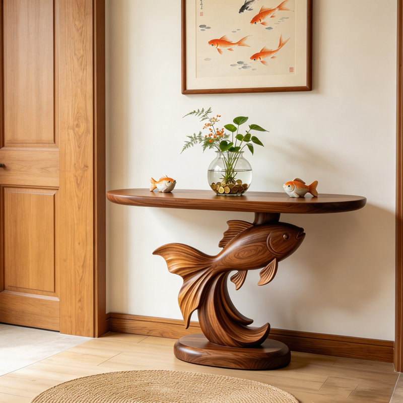 Medieval style solid wood console table., 34.6" H x 47.2" W x 14.9" D
