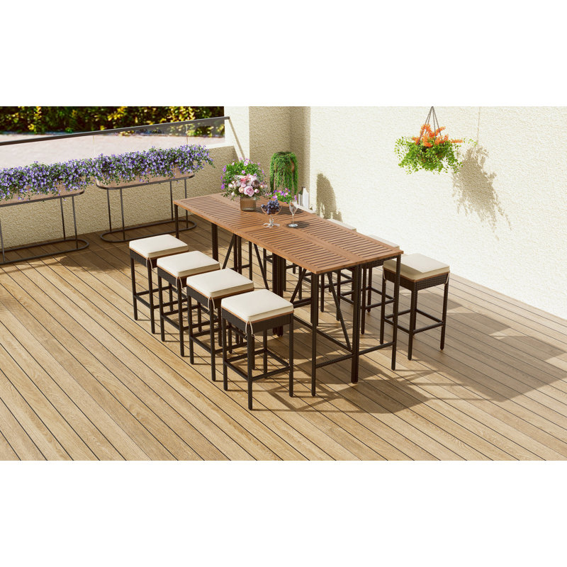 Ensemble de table d'extérieur 10 pièces avec coussins, plateau de table pliable et tabourets
