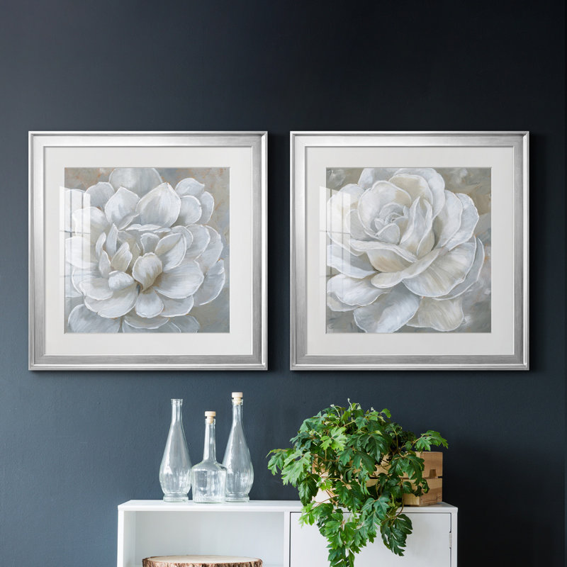 «Bombshell Bloom I», ensemble de 2 reproductions d'art sur toiles, H 22,5 po x l 45 po, Papier encadré noir, Argent argent