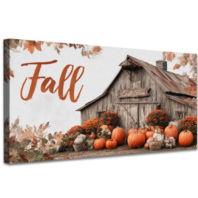 Castillon - Pumpkin and Farmhouse Fall Pictures Wall Decor, Autumn Canvas Wall Art Painting for Living Room, Thanksgiving Framed Prints for Wall Wrapped Canvas, 12×24 inches