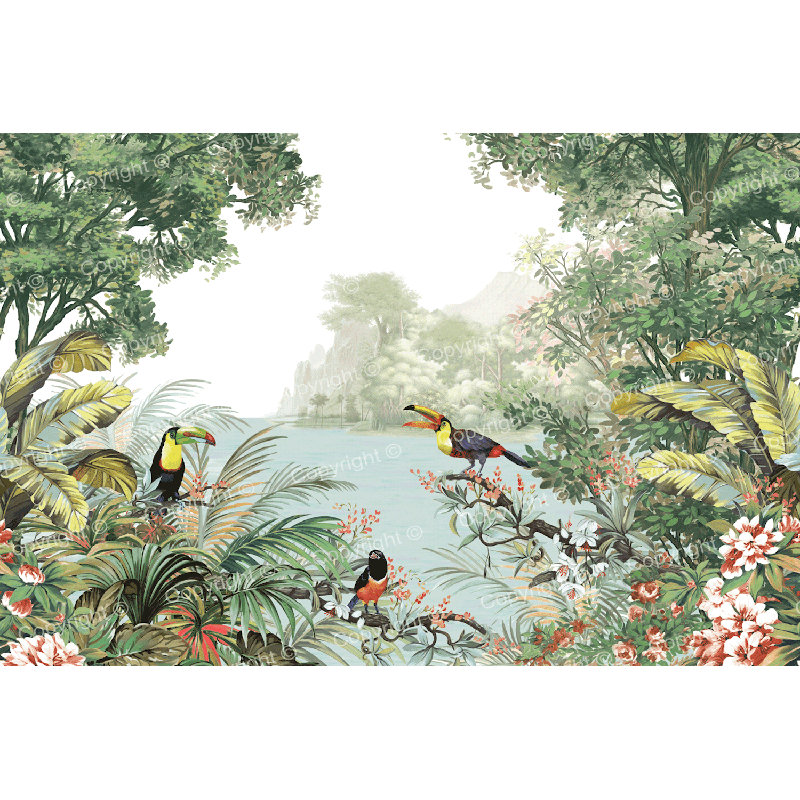 Papier peint vibrant paysage tropical toucan, L 117,96 po x l 175 po