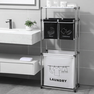Trieur de linge à 3 niveaux avec 4 sacs amovibles pour organiser les vêtements, la lessive, les lumières, les sarcelles, trois crochets