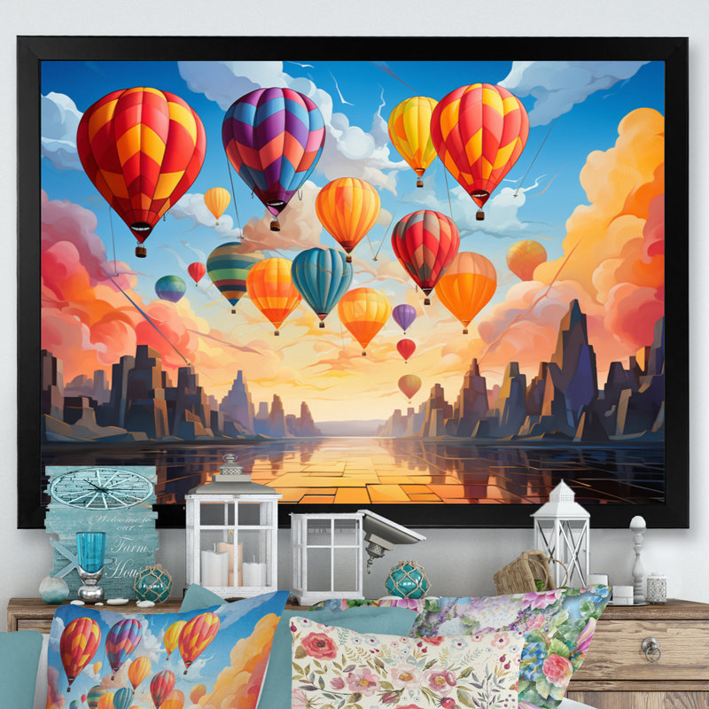 «Colorful Hot Air Ballon Cubist I», reproduction d'art sur toile, H 34 po x l 44 po x P 1,5 po, Cadre photo noir