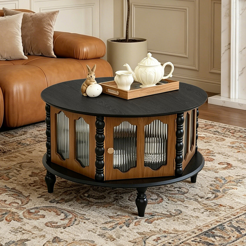 31.5" Round Solid Wood Coffee Table With Storage Function, Black