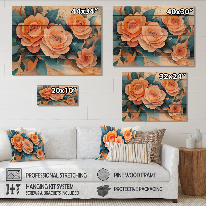 Roses Dream Fragments Kinetic Art I - Roses Wood Wall Art - On Natural Pine Wood, 10" H x 20" W x 0.78" D