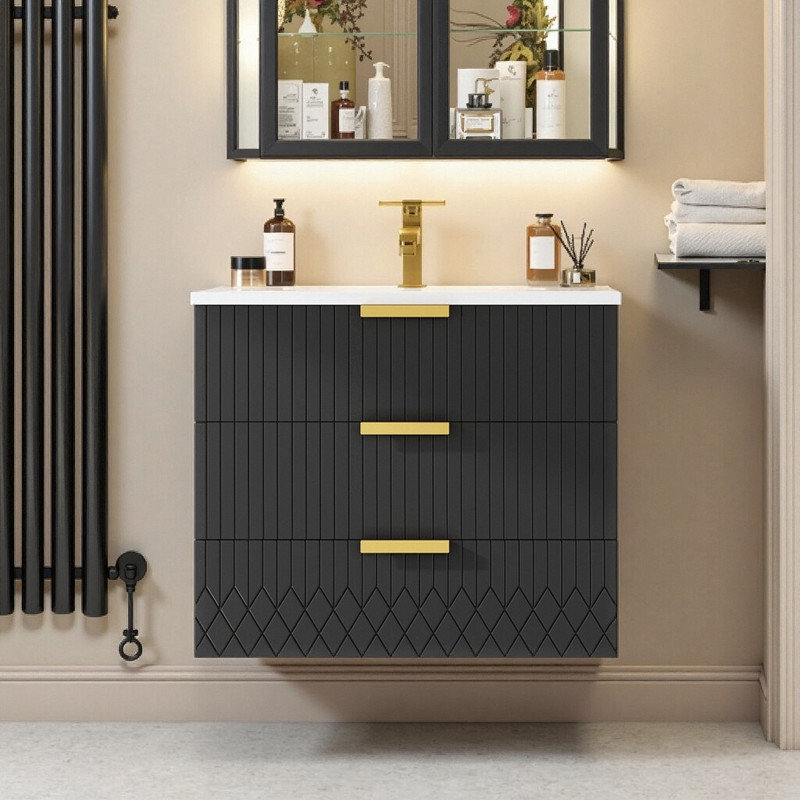 24-Inch Wall-Mounted Floating Bathroom Vanity With Ceramic Sink & Double Drawer, No-Faucet Included, Black