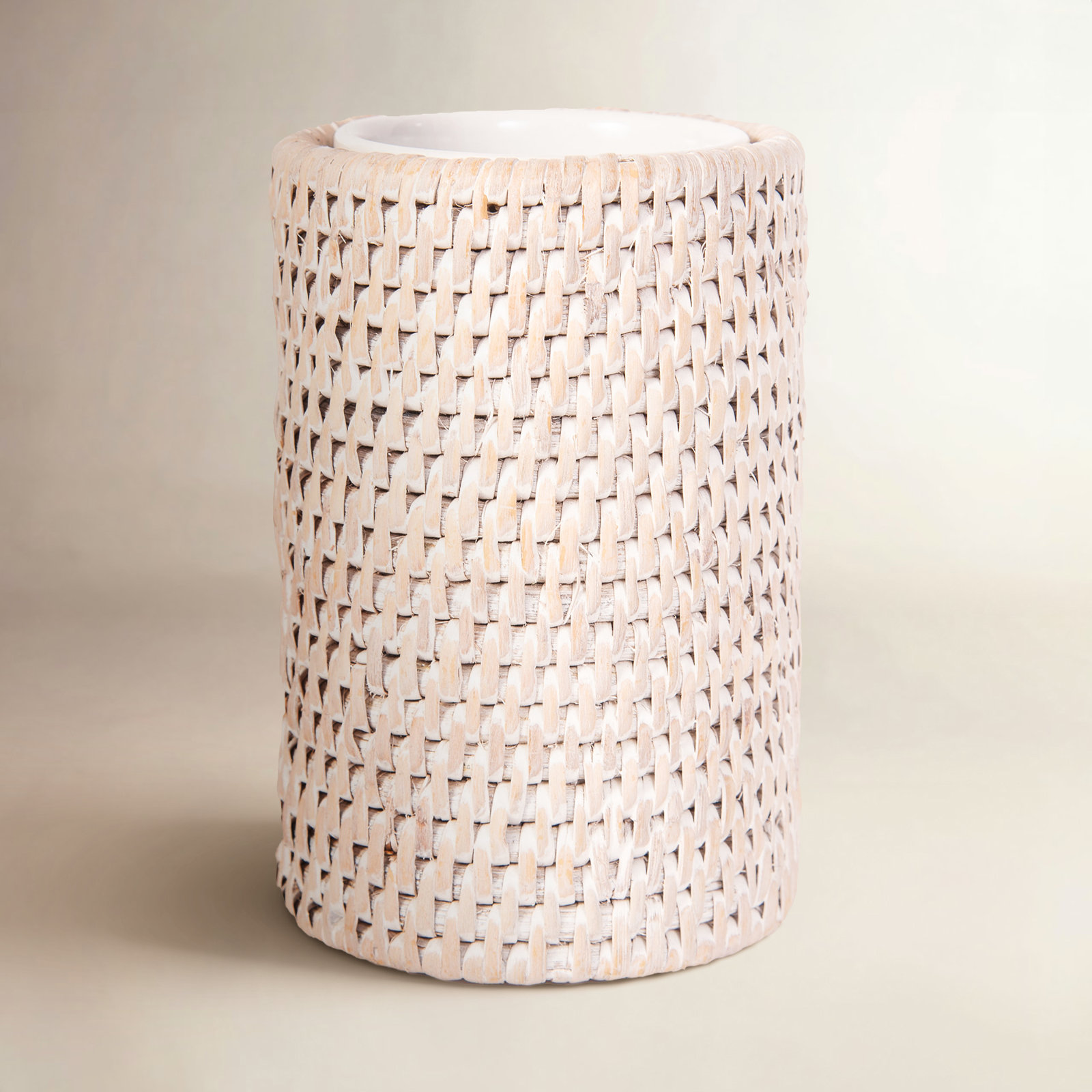 Artifacts Rattan Round Tumbler with Ceramic Insert, White Wash