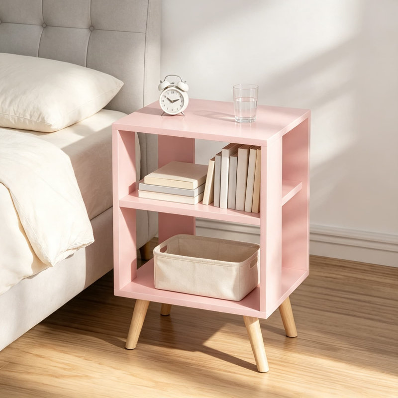 Table de chevet avec rangement ouvert pour enfants et adultes, table de chevet moderne à 2 niveaux avec bois aggloméré et pieds robustes, table de bout compacte pour petits espaces, salon, chambre à coucher, chambre de bébé et bureau, finition rose