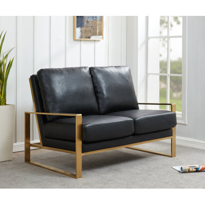 Gratiano 53" Modern Faux Leather Loveseat with Polished Gold Metal Base – Square Arm Tuxedo Couch – Luxury Mid-Century Seating for Living Room or Office