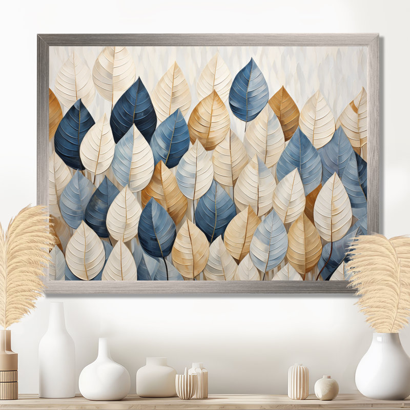 «Beige and Blue Minimalisme Leaves Collage I», art mural pour salon, Cadre simple argenté, H 34 po x l 44 po x P 1,5 po