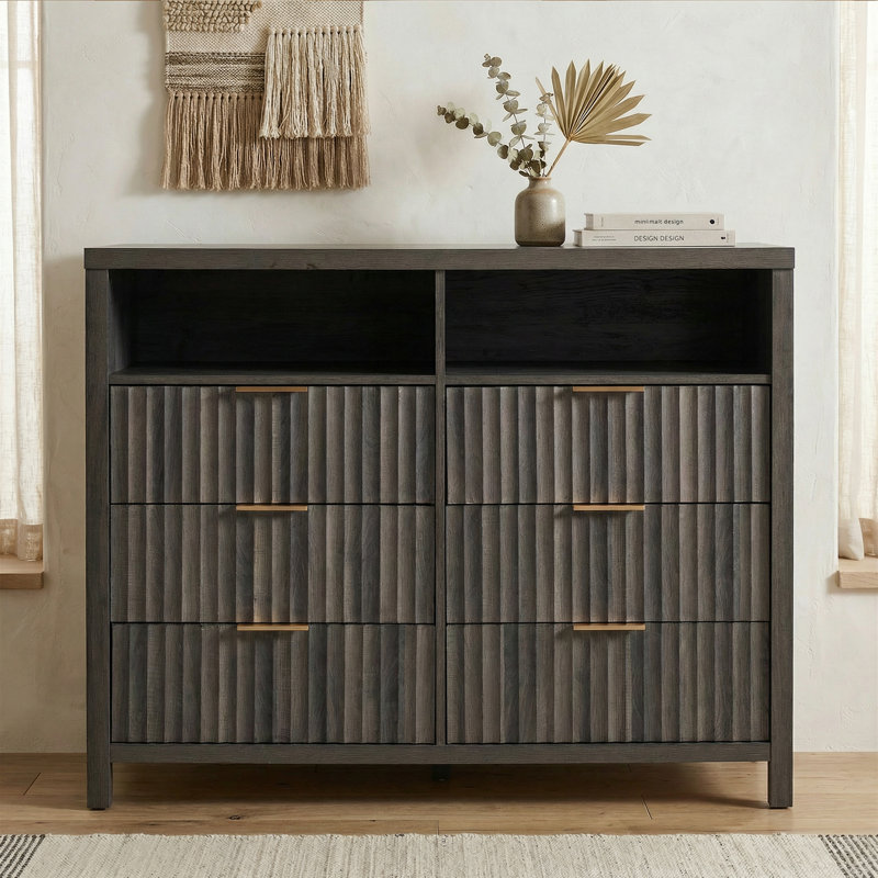 Commode 6 tiroirs avec tablette média Arrilla, Noyer foncé