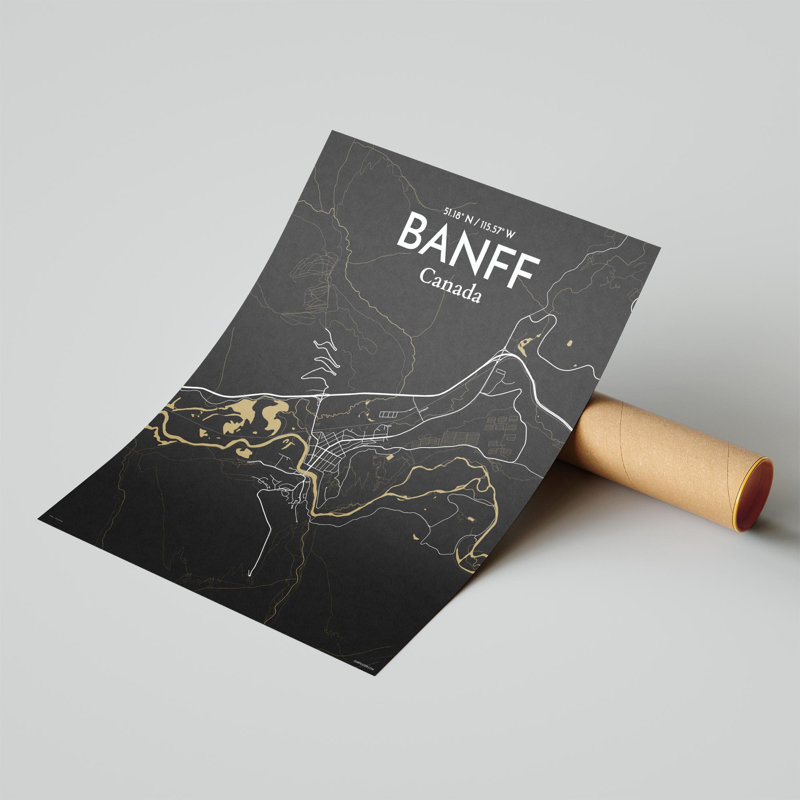 Banff, carte de la ville, impression, H 20 po x l 16 po, Noir / or