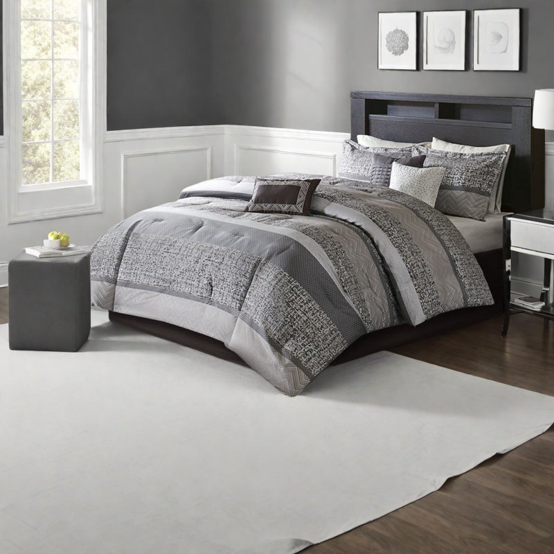 Ensemble de literie luxueuse en jacquard 7 pièces, très grand, gris et taupe, de style moderne pour la chambre à coucher
