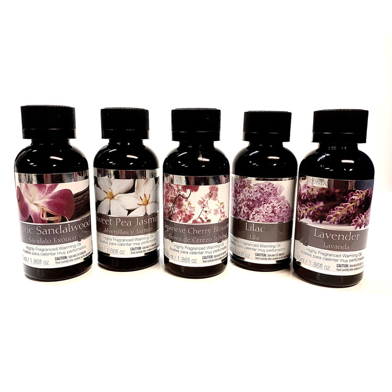 Ensemble de 5 huiles chauffantes parfumées Hosley de 55 ml chacune - Fleurs de cerisier japonais lavande, bois de santal exotique, lilas, lavande, jasmin Sweet Pea. Idéal pour le spa, la méditation et la salle de bain