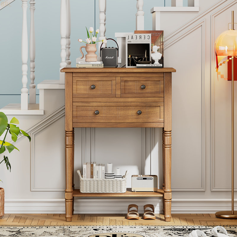 Console étroite, canapé mince avec trois tiroirs de rangement et tablette inférieure, Naturel