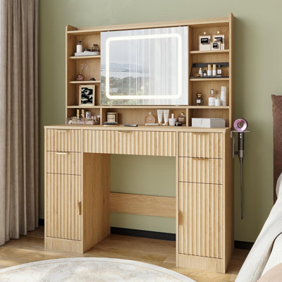 43.5"W Fluted Vanity Desk with Mirror and Lights, Makeup Table with Charging Station & Mobile Mirror, Modern Dressing Table with 5 Drawers and 2 CabinetsWalnut for Women Girls Bedroom