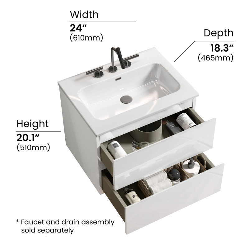 Derrance 24 Inch Single Bathroom Vanity with Ceramic Top with Overflow, Pre-Assembled, White, 24"