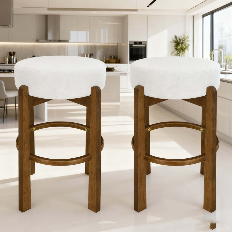Ensemble de 2 tabourets de bar rembourrés en bois Vera, finition noyer foncé et revêtement ivoire, 2, Noyer foncé