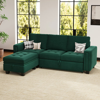 Shavera Velvet Modular Sectional L-Shaped Sleeper Sofa Bed With Storage Ottoman For Living Room Apartment