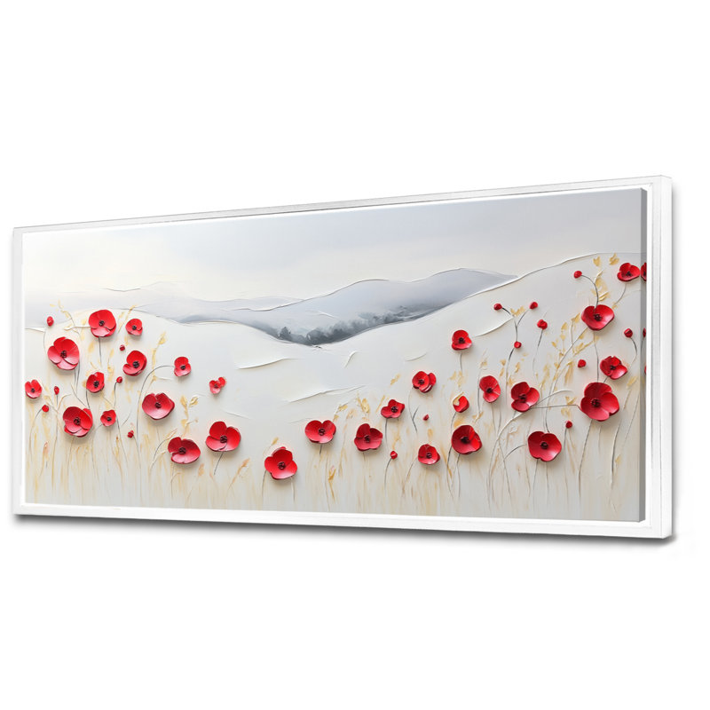 «Red Gray Harry I», art mural encadré floral rouge, impressions sur toile colorées, H 16 po x l 32 po, Cadre flottant blanc