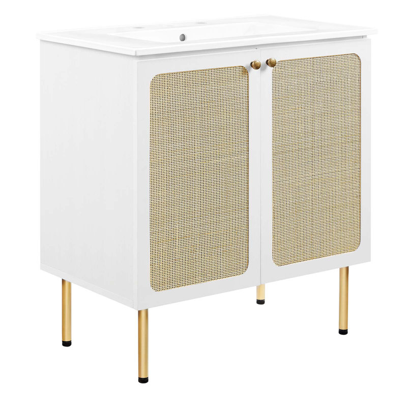 Modway Chaucer 30'' Single Bathroom Vanity with Wood Top, White/Gold, White