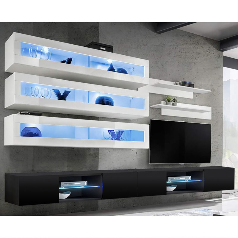 Shadyvale 126" Modern Floating Wall Mounted Entertainment Center with 16-Color LED Lighting, High Gloss Finish, White/Black