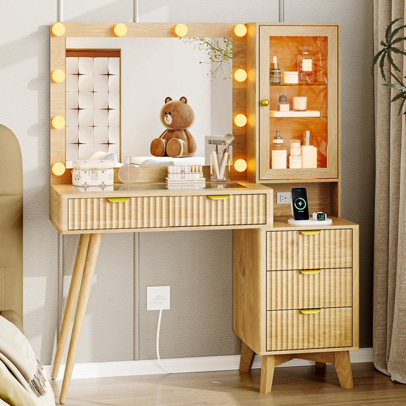 Bureau de coiffeuse cannelé avec miroir DEL, 5 tiroirs et armoire en verre RVB  , Beige