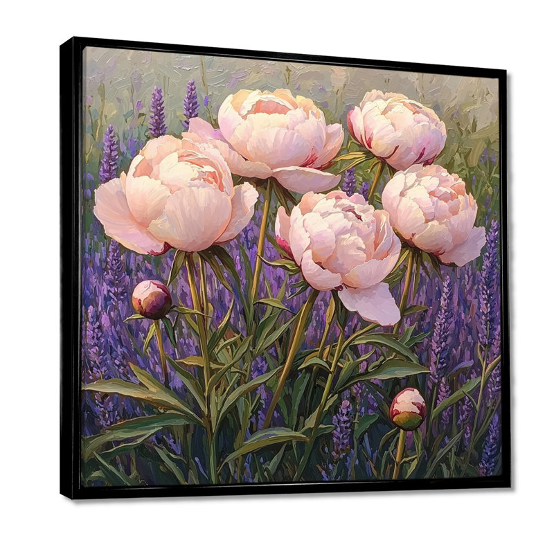 Pivoines dans le jardin de lavande V - pivoines, art mural, Impression encadrée flottante, H 36 po x l 36 po