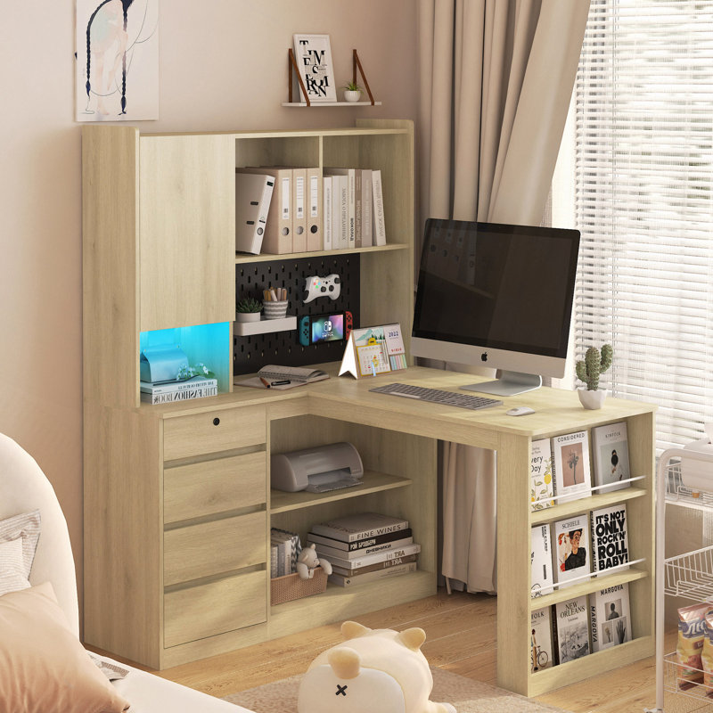 Bureau en L avec chargeur, bureau d'ordinateur avec tiroirs, bibliothèque, avec éclairage à DEL, bureau d'angle moderne, bureau à domicile, bureau d'écriture en L, bureau d'ordinateur de coin avec rangement